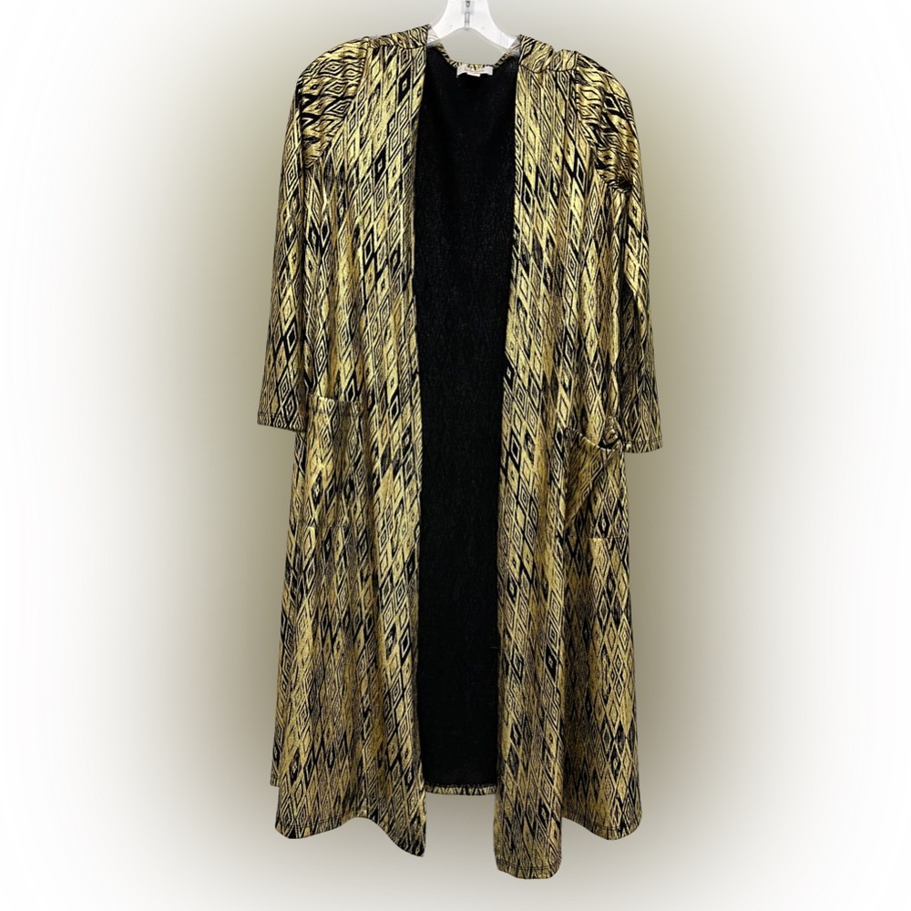 LuLaRoe Sarah Cardigan Women’s Small Gold Black Diamond Print Open Duster